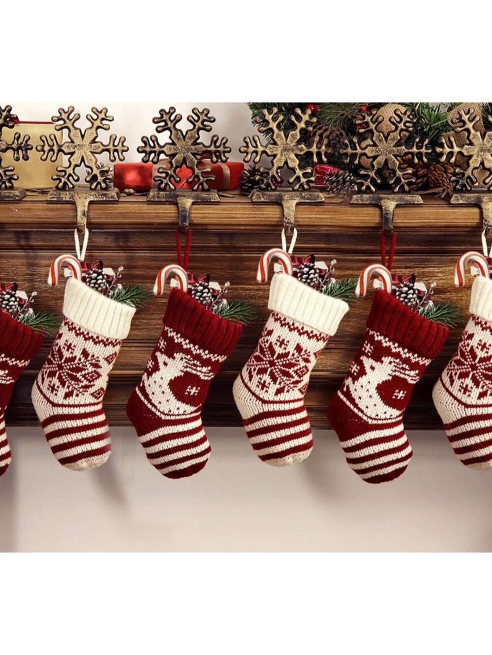 Christmas Mini Stockings, 6 Pack 9 inches Knit Knitted Snowflake Reindeer Rustic